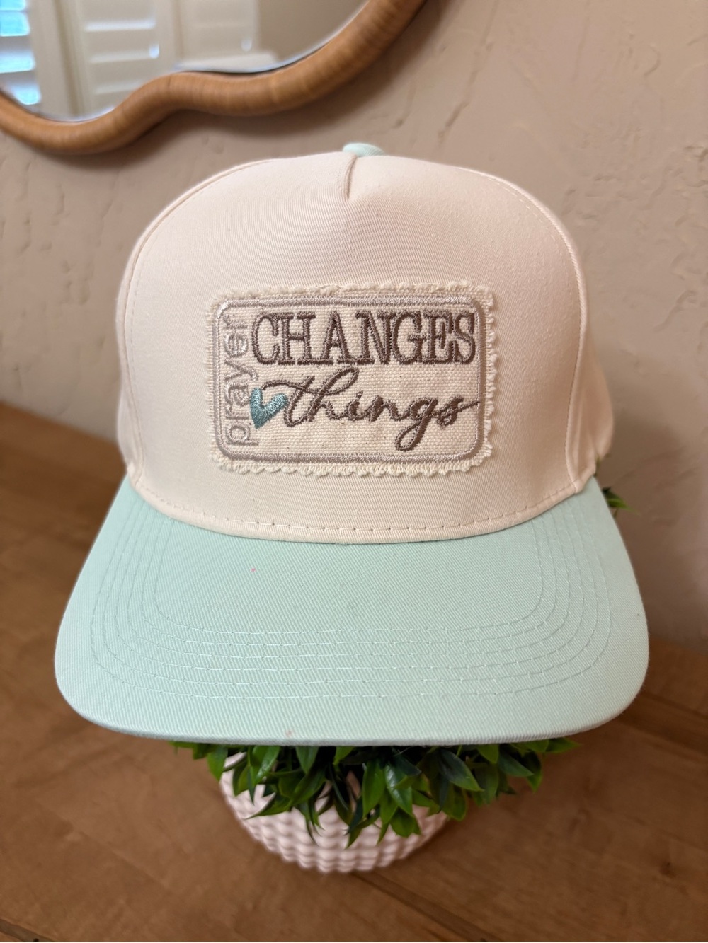 Christian Cap Two-Tone 'Changes Things' Patch Cap - Mint & Cream